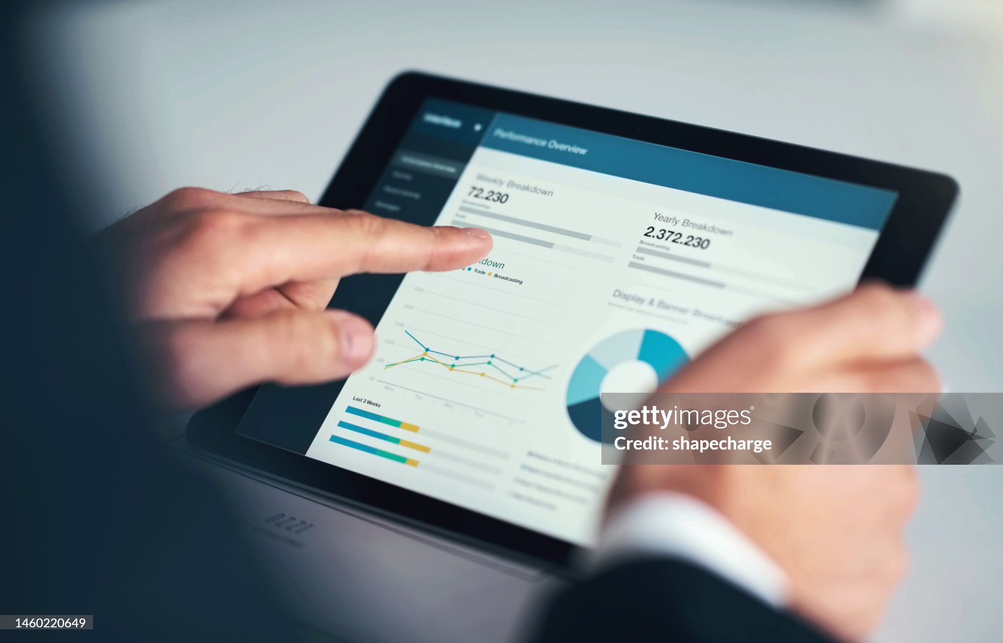 Investment, corporate or business man with tablet for invest strategy, finance growth or financial review. Hand, screen or analytics on technology for planning, data analysis or economy data research