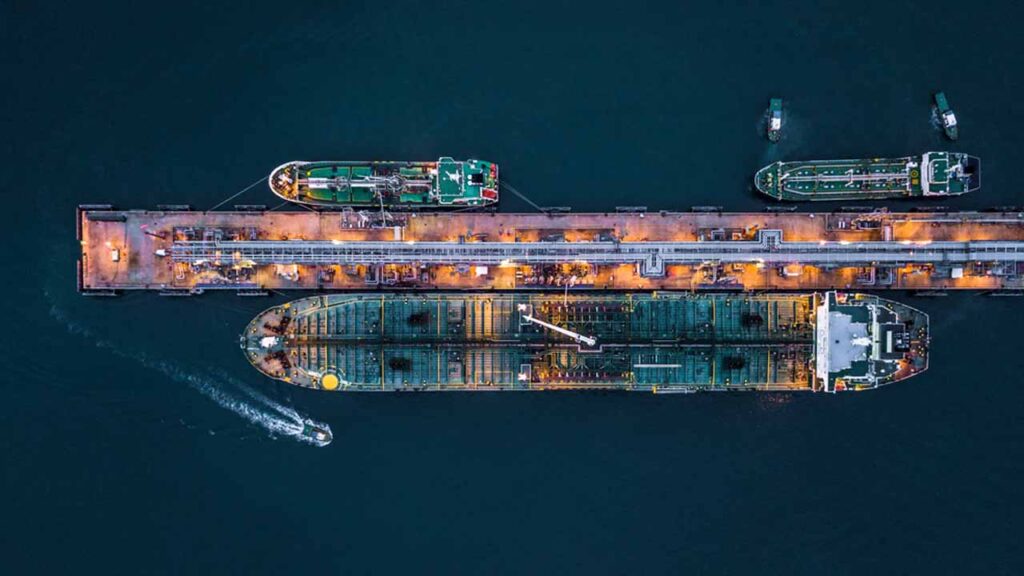 aerial view of oil tanker ship at the port